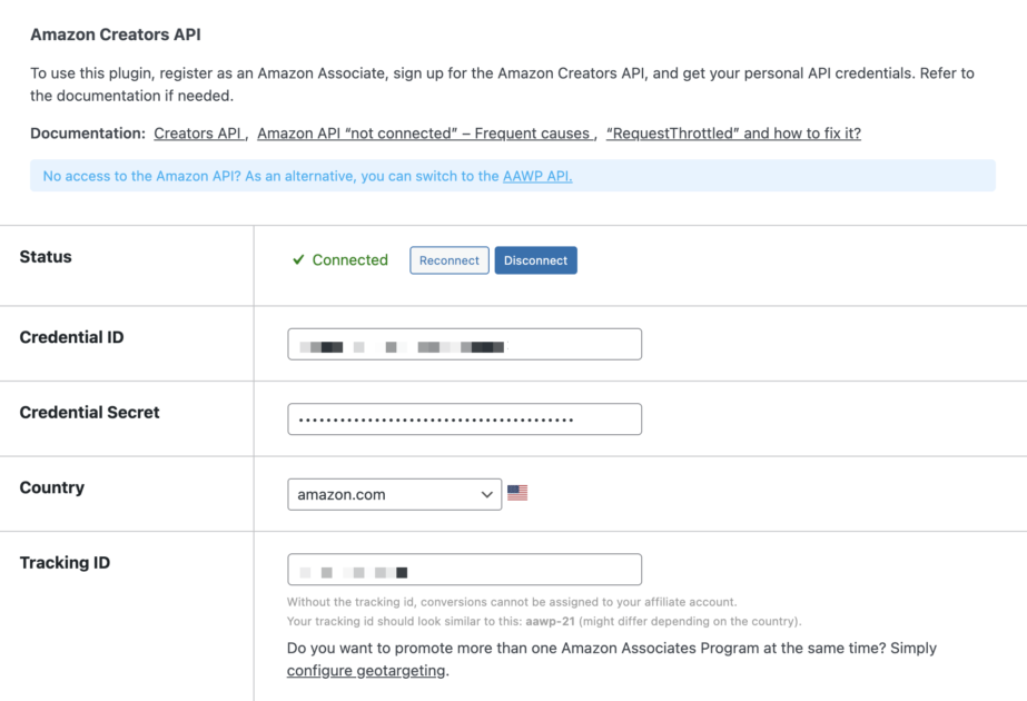 AAWP amazon creators api settings