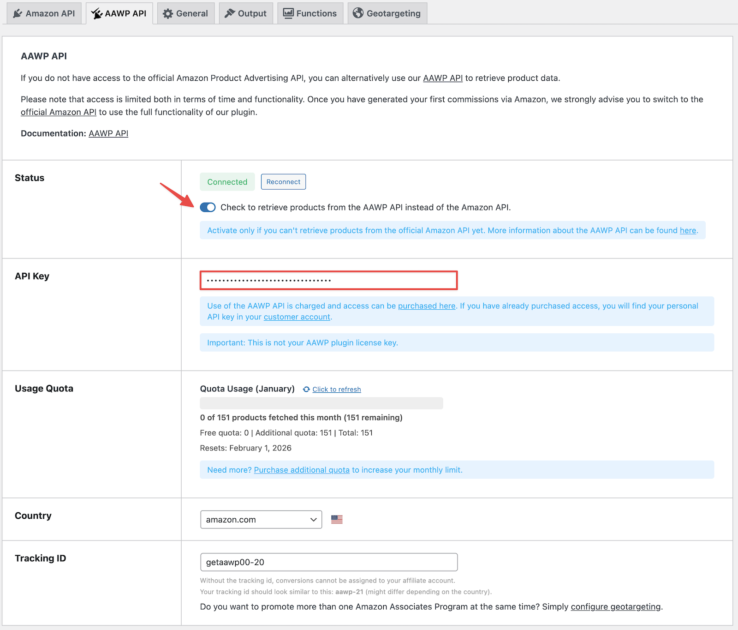 Aawp api plugin settings