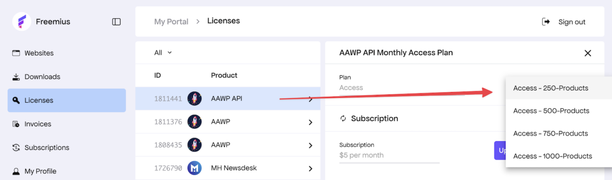 Freemius aawp api quota upgrade